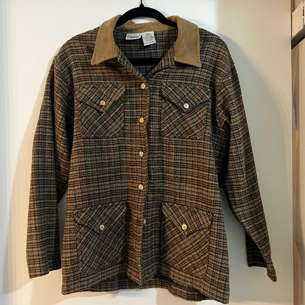 Vintage Plaid Wool Jacket Corduroy Collar Utility Shacket Brown Oversized